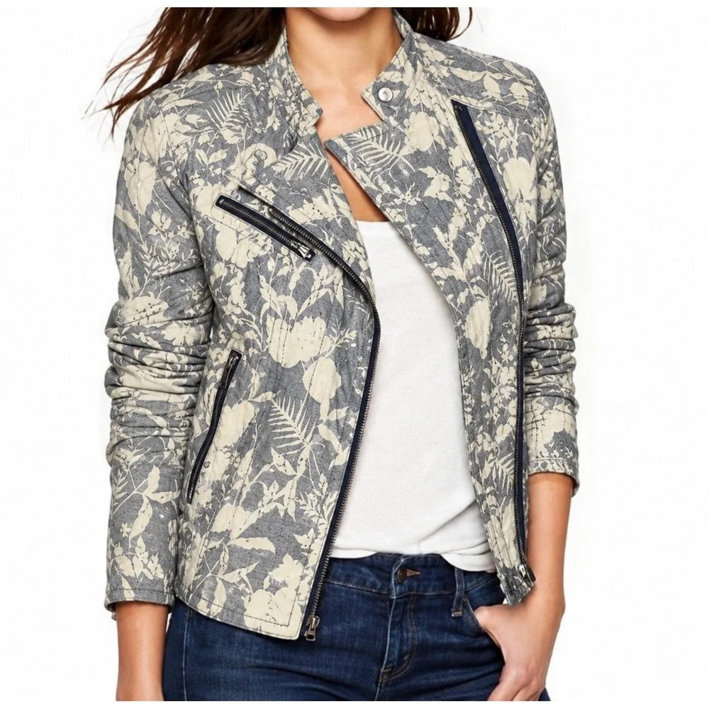GAP Moto Jacket Quilted Semi Cropped Blue White Floral Cotton Sz XS